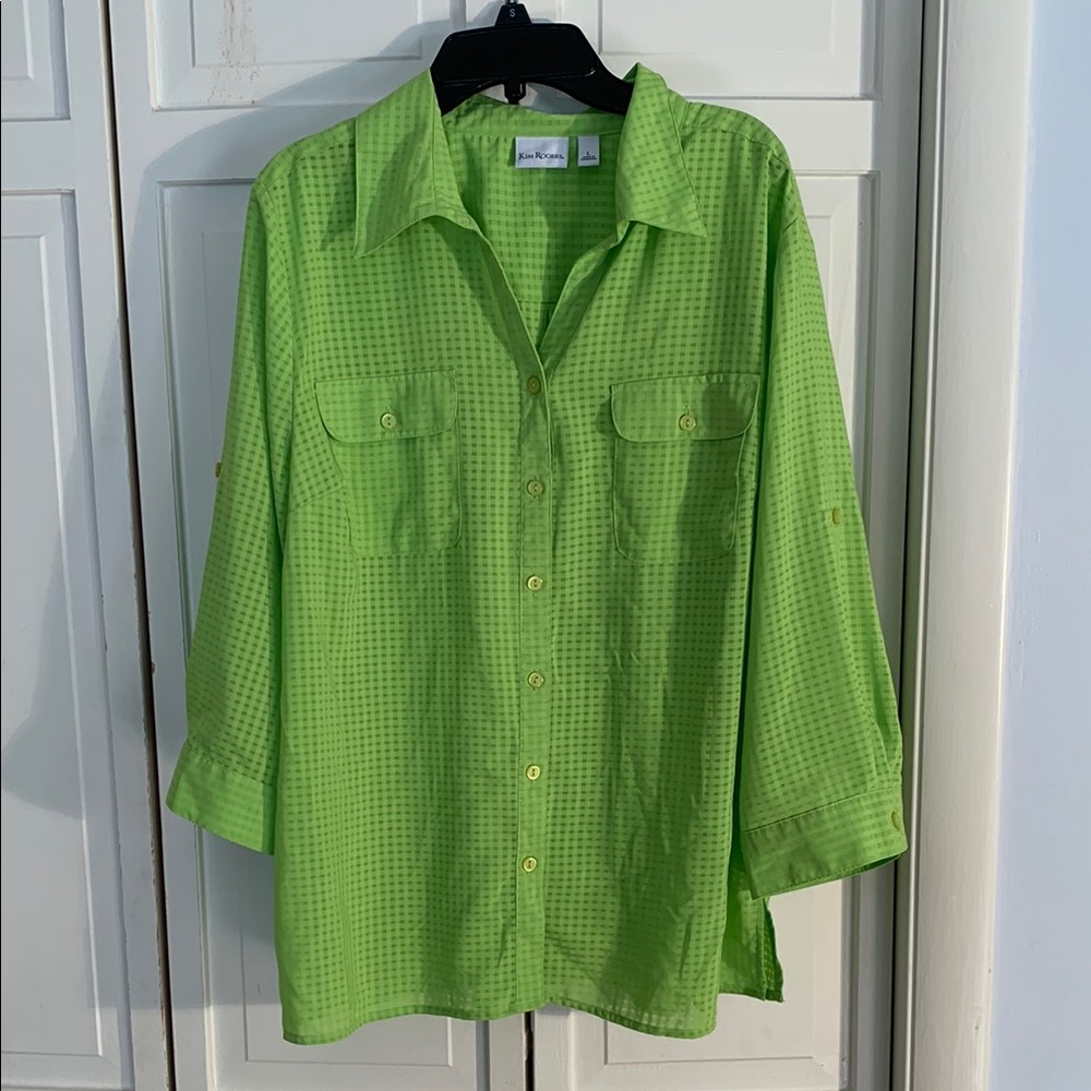 Kim Rogers Large Lime Green 3/4 Sleeve Button-up Shirt EUC